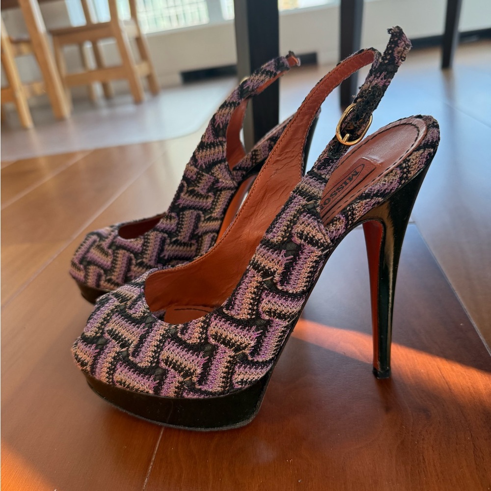 Missoni Purple Beige High Heel Slingback Platform Shoes houndstooth size 39